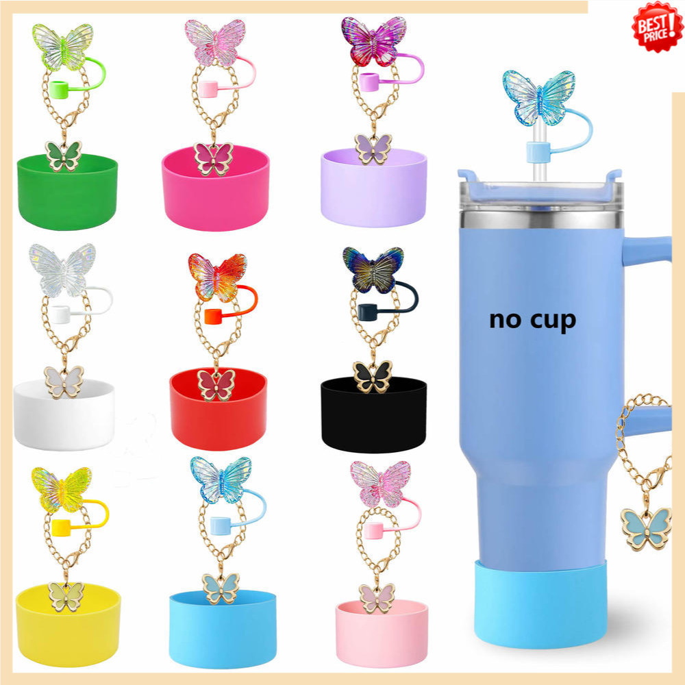 3 Peças Capa De Palha Copo De 7.5 cm E Pingente De Borboleta Compatível Com 30 & amp ; Bota De Silicone Reutilizável De
