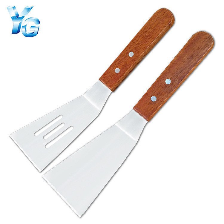 Espátula pequena para fritar em aço inoxidável com cabo de madeira, espátula para bife, utensílio para assar, espátula p