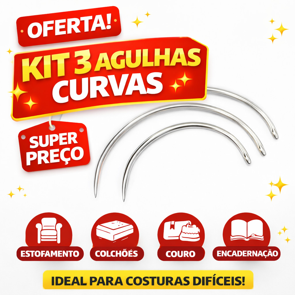 Kit 3 Unidades Agulha Curva Aço Inox