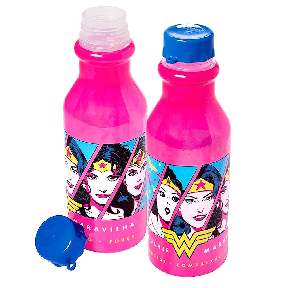 Garrafa Retrô Squeeze Estampa Mulher Maravilha Plasútil - 1 unidade
