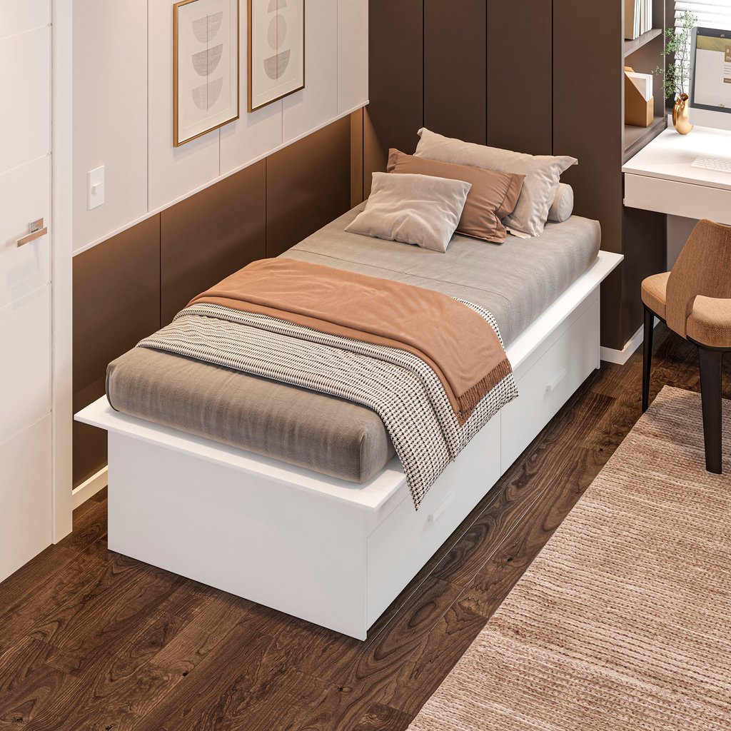 Cama Solteiro Adulto com 2 Gavetas Deva Yescasa Branco Branco