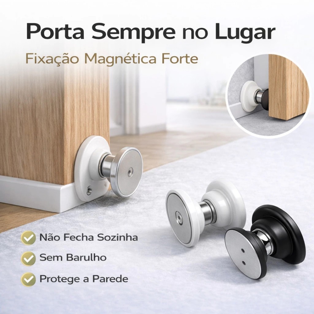 Prendedor de Porta Magnético Inox 304 Forte com Adesivo ou Parafuso Anti Impacto