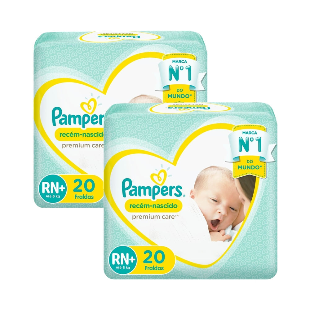 Kit 2 Fralda Pampers Recém-Nascido Premium Care RN+ com 20 Unidades