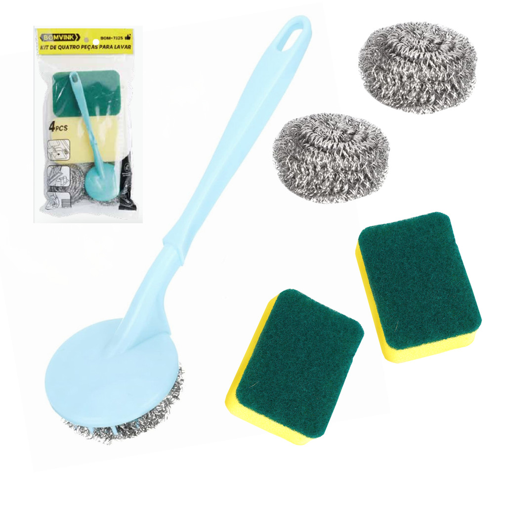 Kit De Limpeza 4 Peças Escova Com Cabo Esponja De Aço Inox E Bucha Para Lavar Louça CHEF D