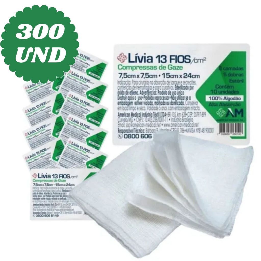 Kit 300 Unidades Compressa Gaze Estéril 13 Fios 7,5x7,5 30 Pacotes Livia