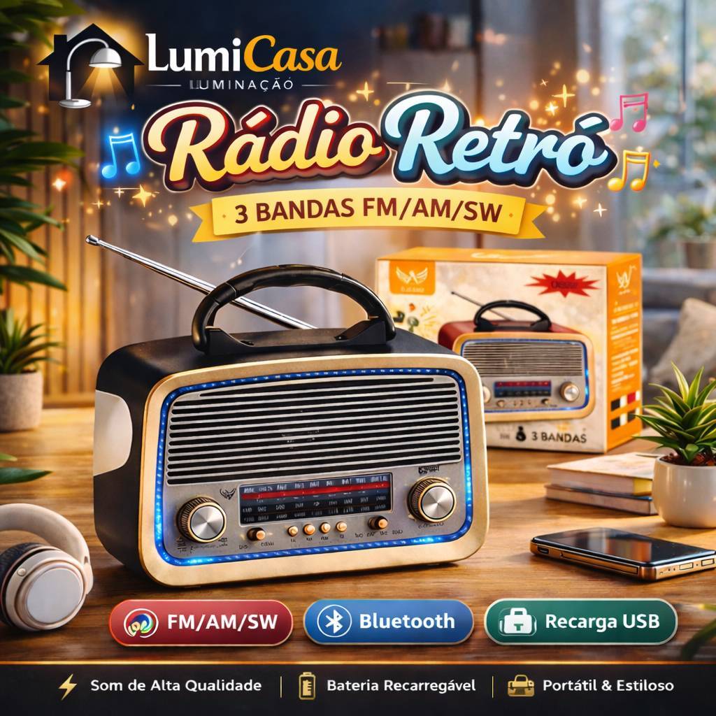 Rádio Retrô Bluetooth Portátil AD-3199 – FM/AM/SW, USB, Cartão SD, Lanterna, Caixa de Som Vintage