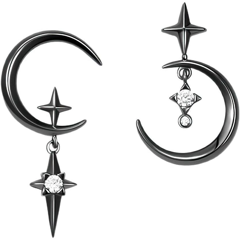 Brincos Assimétricos de Estrela e Lua para Mulheres, Brincos de Zircônia Preta, Brincos Pendentes com Brilho de Diamante