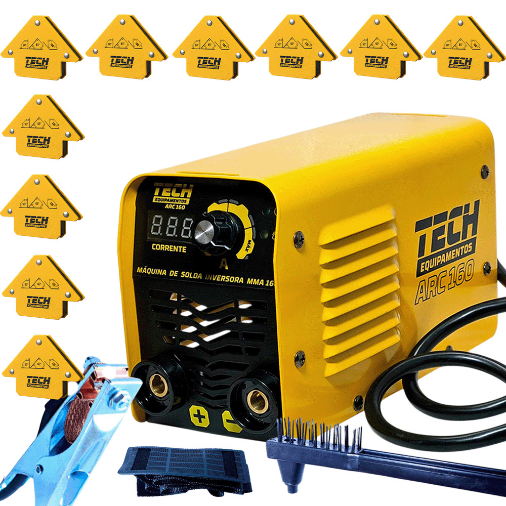 Kit inversora Solda ARC 160 TECH 220V com 10 Esquadros Magnéticos 12kg Porta Eletrodo Garra Máscara