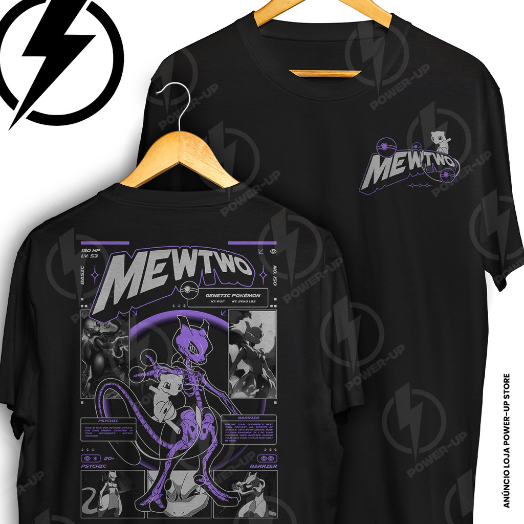 Camiseta Pokemon Mewtwo Mew Lendário Psíquico Frente E Verso Blusa Camisa 100% Algodão