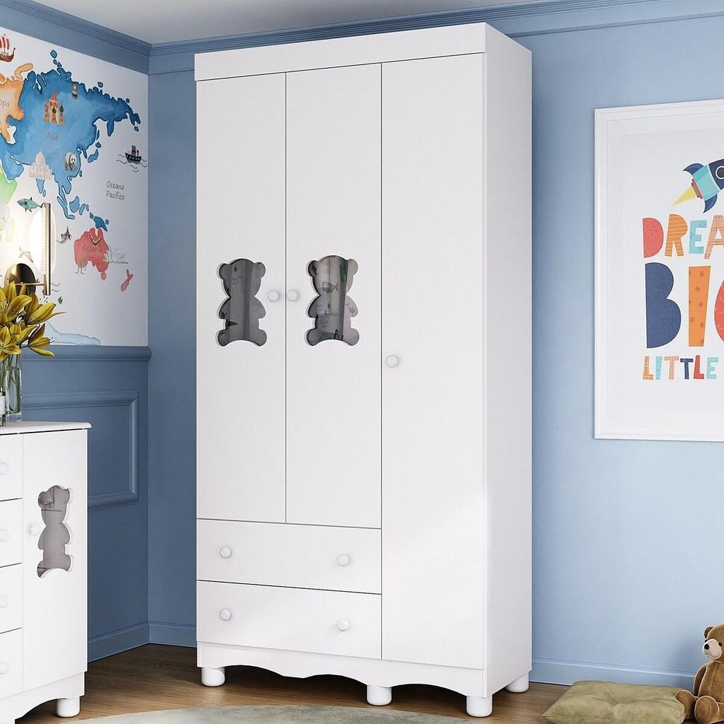 Guarda-roupa Infantil 92cm com Vidro 3 Portas e 2 Gavetas Ternura Multimóveis MP4477