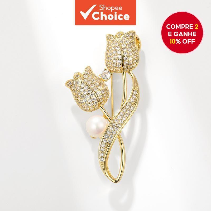 Novo Broche de Tulipa de Pérola de Luxo com Diamantes para Mulheres, Elegante Pin de Vestido, Presente.