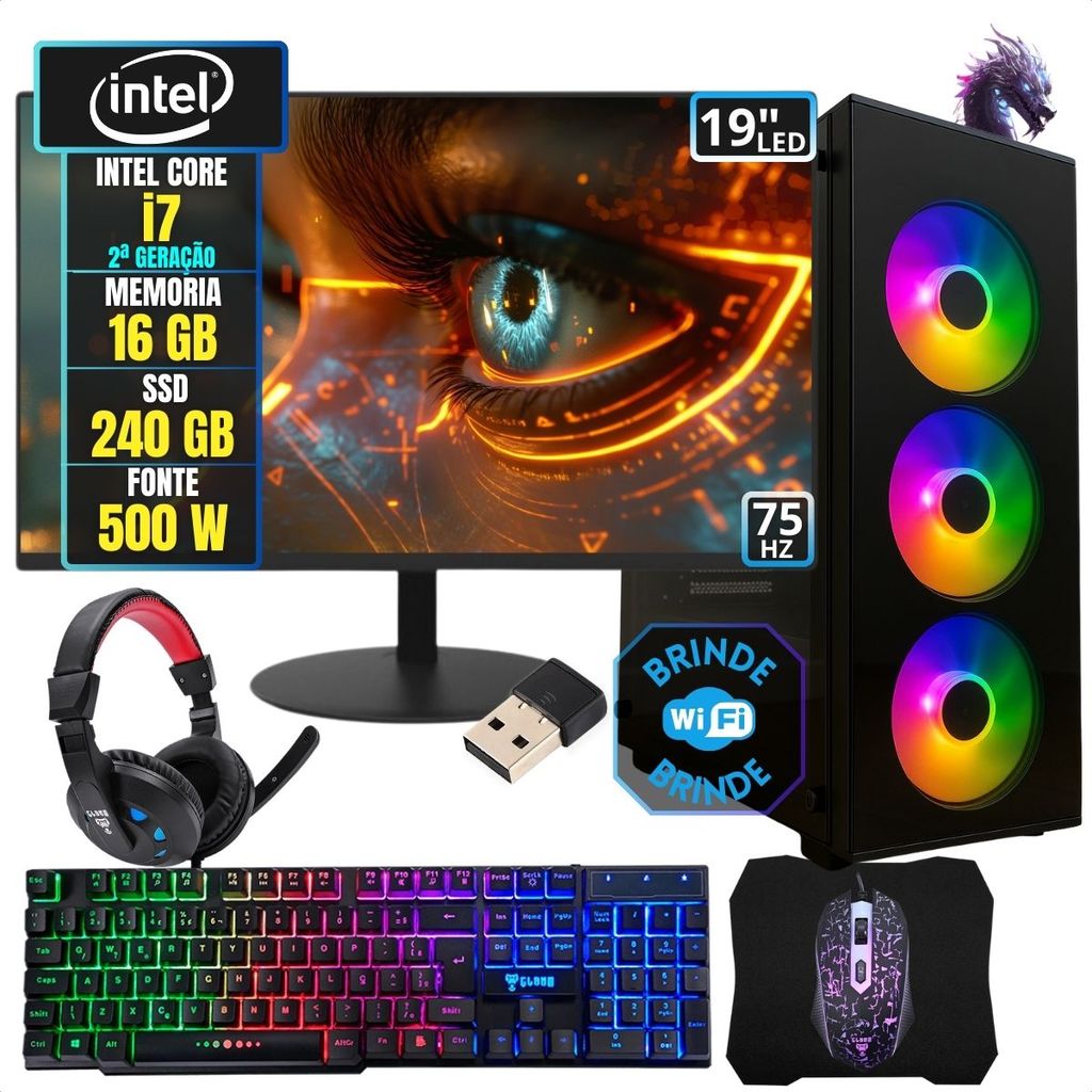 PC Gamer Computador Completo Kit Intel i7 16GB SSD 240GB Monitor 19 Três Fans Combo Com Led Pronto