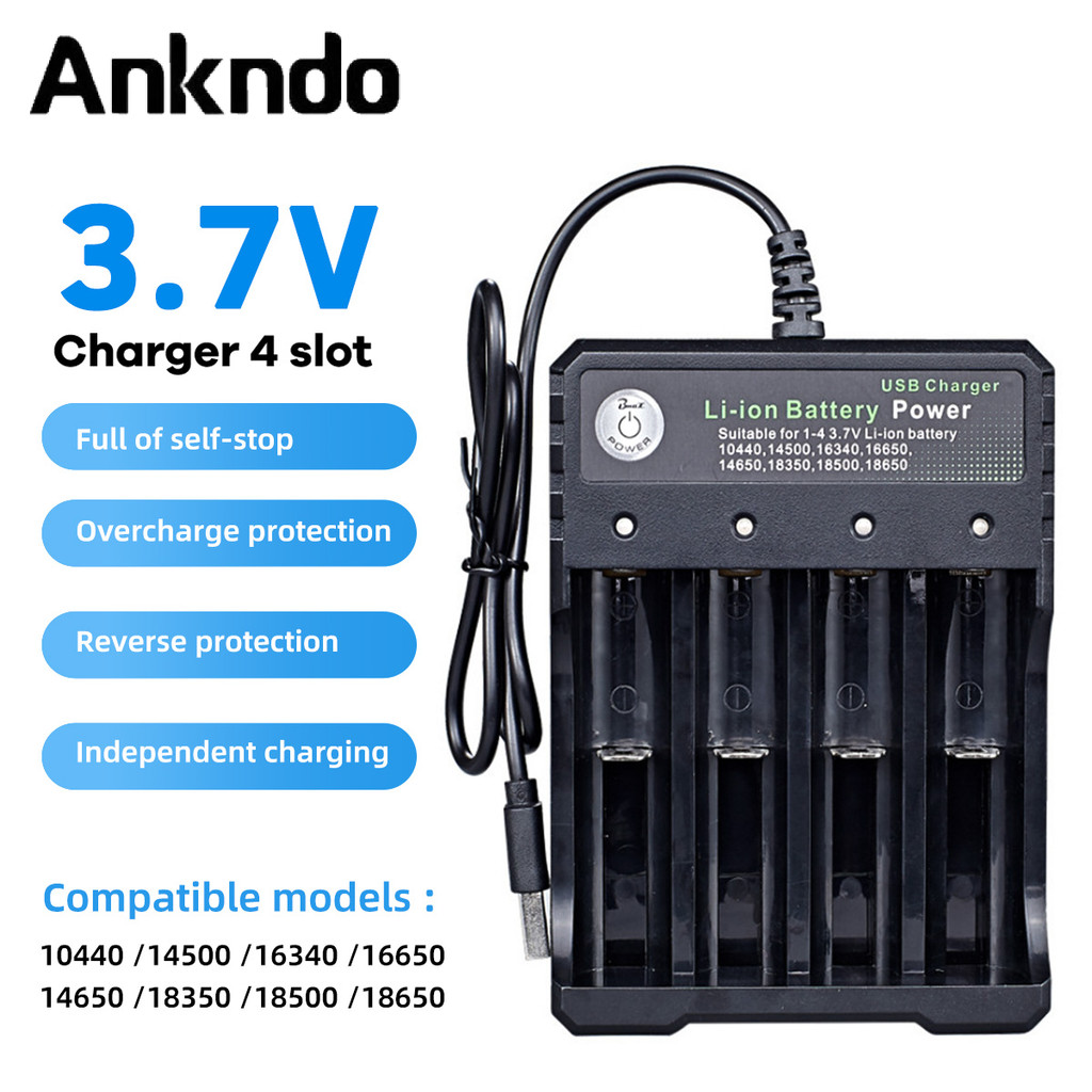 Carregador USB Ankndo Para Bateria De Íon-Lítio 18650 1 2 4 Slots De Recarregável De 3.7 V