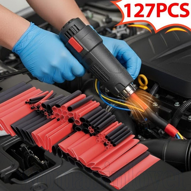 Kit De Envoltório De Conduíte De Cabo De Carro-127 Unidades De Tubo Termorretrátil Preto E Vermelho-De Poliolefina Estoj