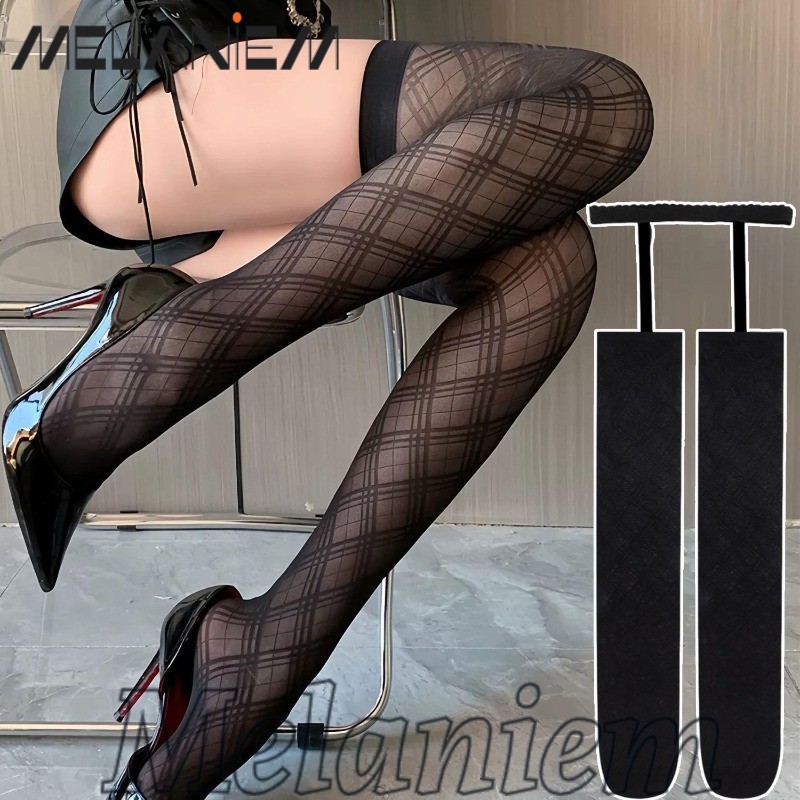 1/2 Pares De Leggings Femininas Com Suspensórios – Meia Alta Listrada Em Losango Vintage , Y2K , Gótico Meias Pretas Até