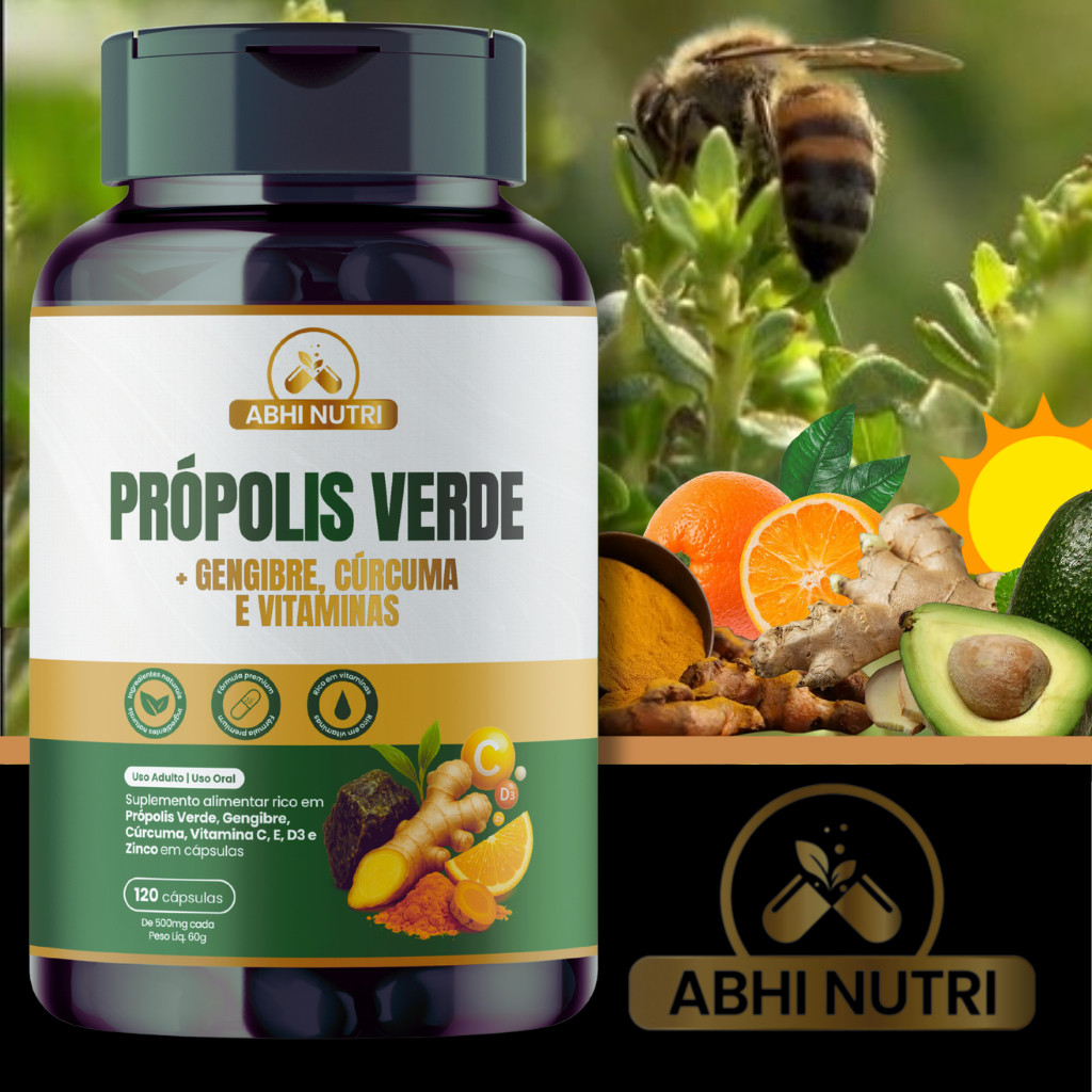 Própolis Verde+Gengibre+Cúrcuma+Vitamina C+E+D3+Zinco 120-ABHI NUTRI-500mg-Kits com 1, 2 e 3 Frascos em Oferta na Shopee