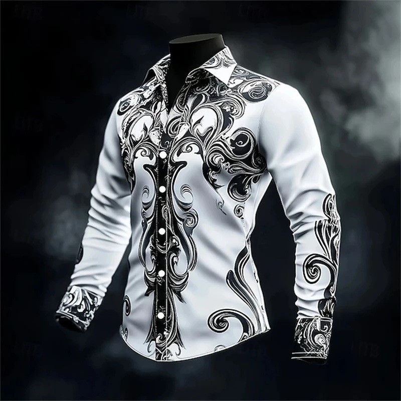 Camisa masculina retrô com gola impressa em 3d, Slim fit, manga comprida, botão Formal, roupas masculinas casuais