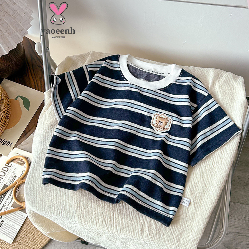 80-130CM crianças puro algodão manga curta camiseta verão meninos meninas listrado dos desenhos animados solto Casual to