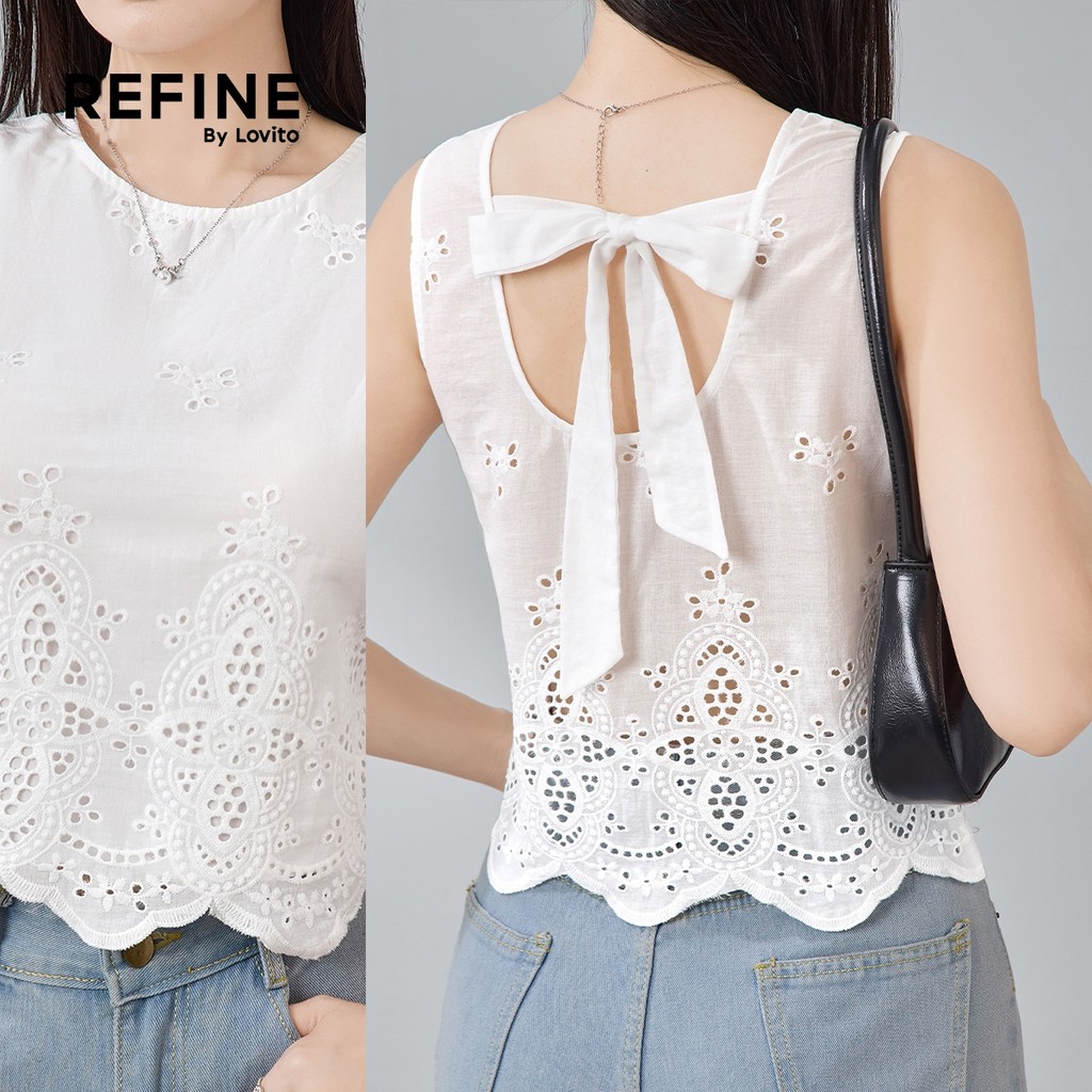 (Refine by Lovito) Blusa Casual Algodão Babados Exagerados Amarre Nas Costas Primavera/verão Branca Mulheres LR13E004