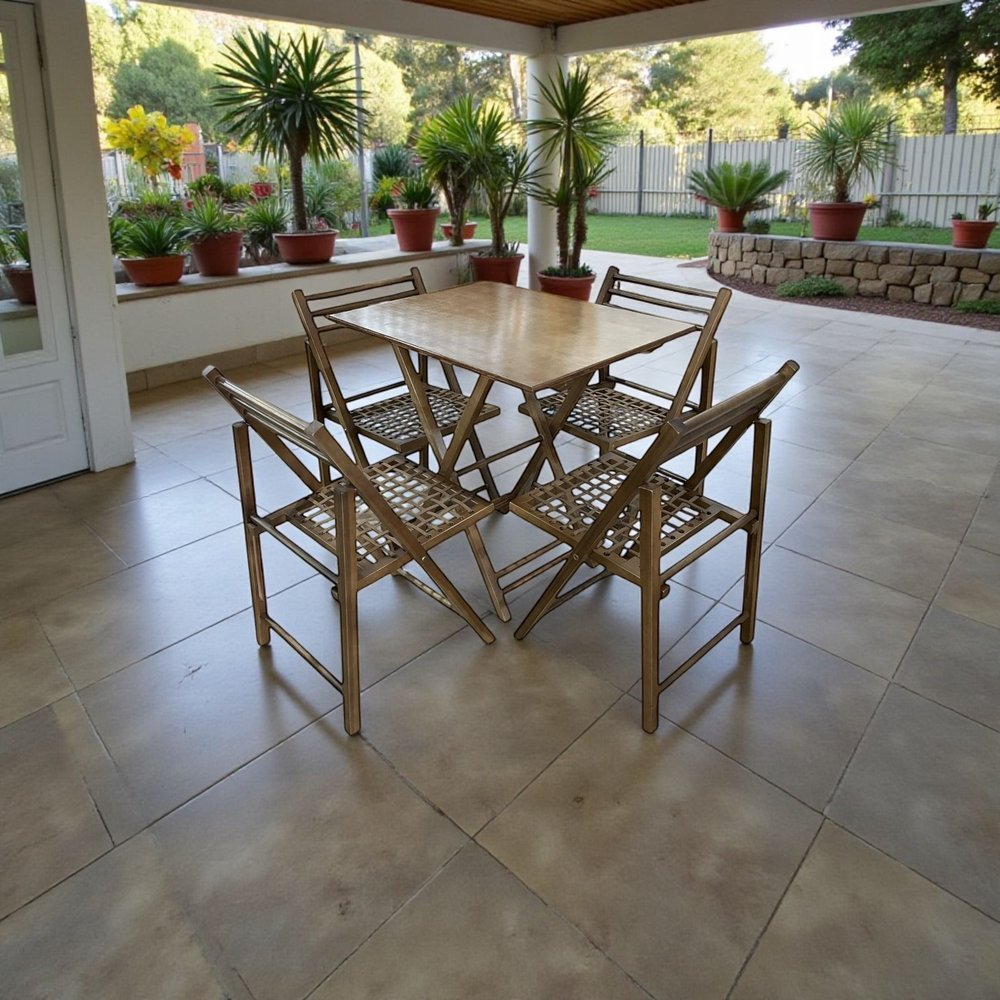 Conjunto Dobrável com Mesa de Madeira e 4 Cadeiras com Corda Náutica Castanho