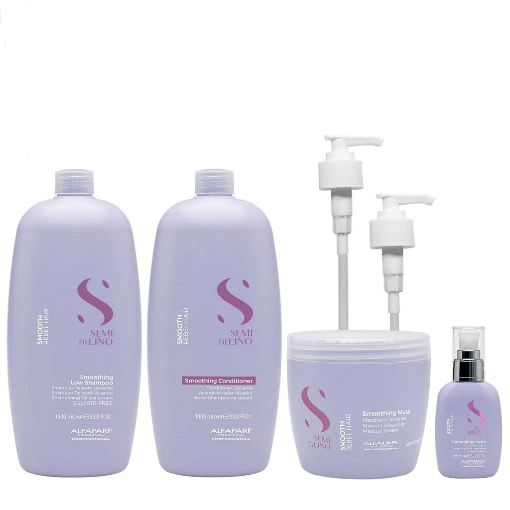 Kit Alfaparf Semi Di Lino Smooth Smoothing - Shampoo & Condicionador 1 Litro + Máscara 500ml + Cream 125ml + Válvula