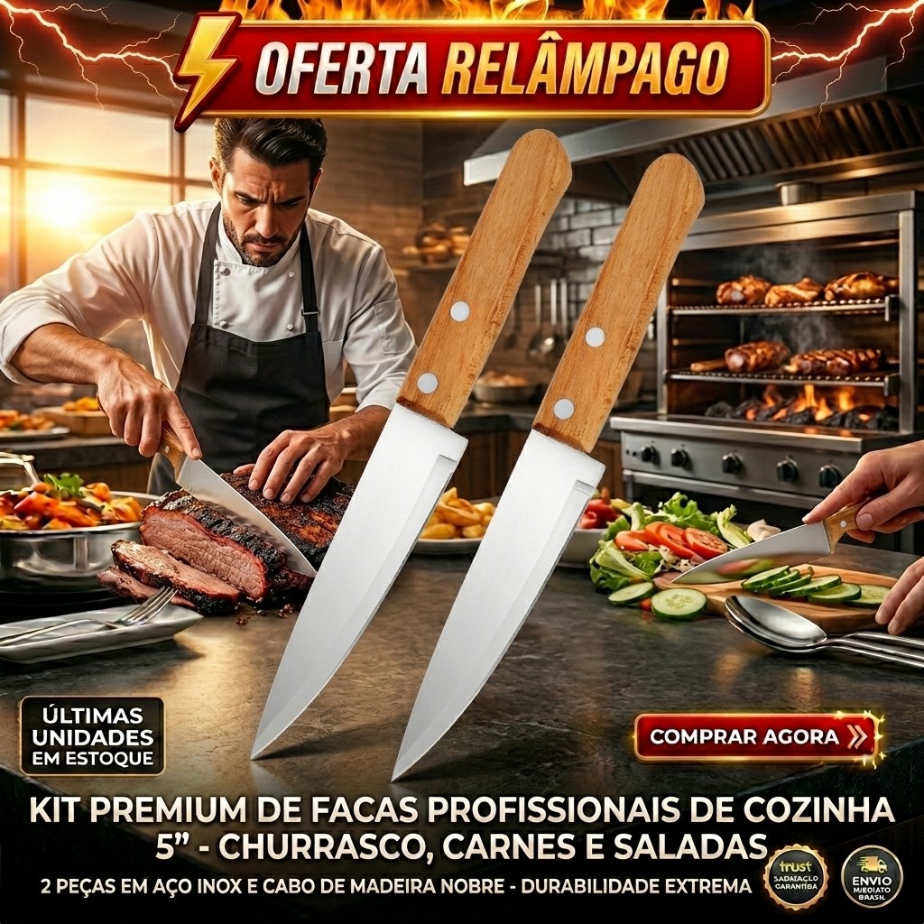 Kit 2 peças Faca de Cozinha Aço Inox Cabo de Madeira 5´´ Carne Salada Legumes Churrasco
