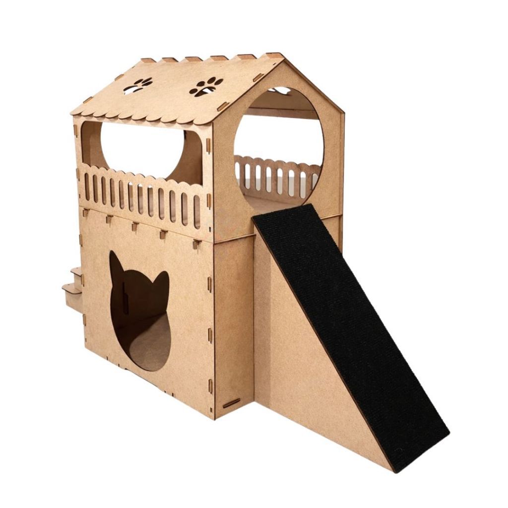 Playground Com 2 Andares Com Rampa Carpete Escada MDF Casa Pet Para Gato Elegante Confortável Luxo