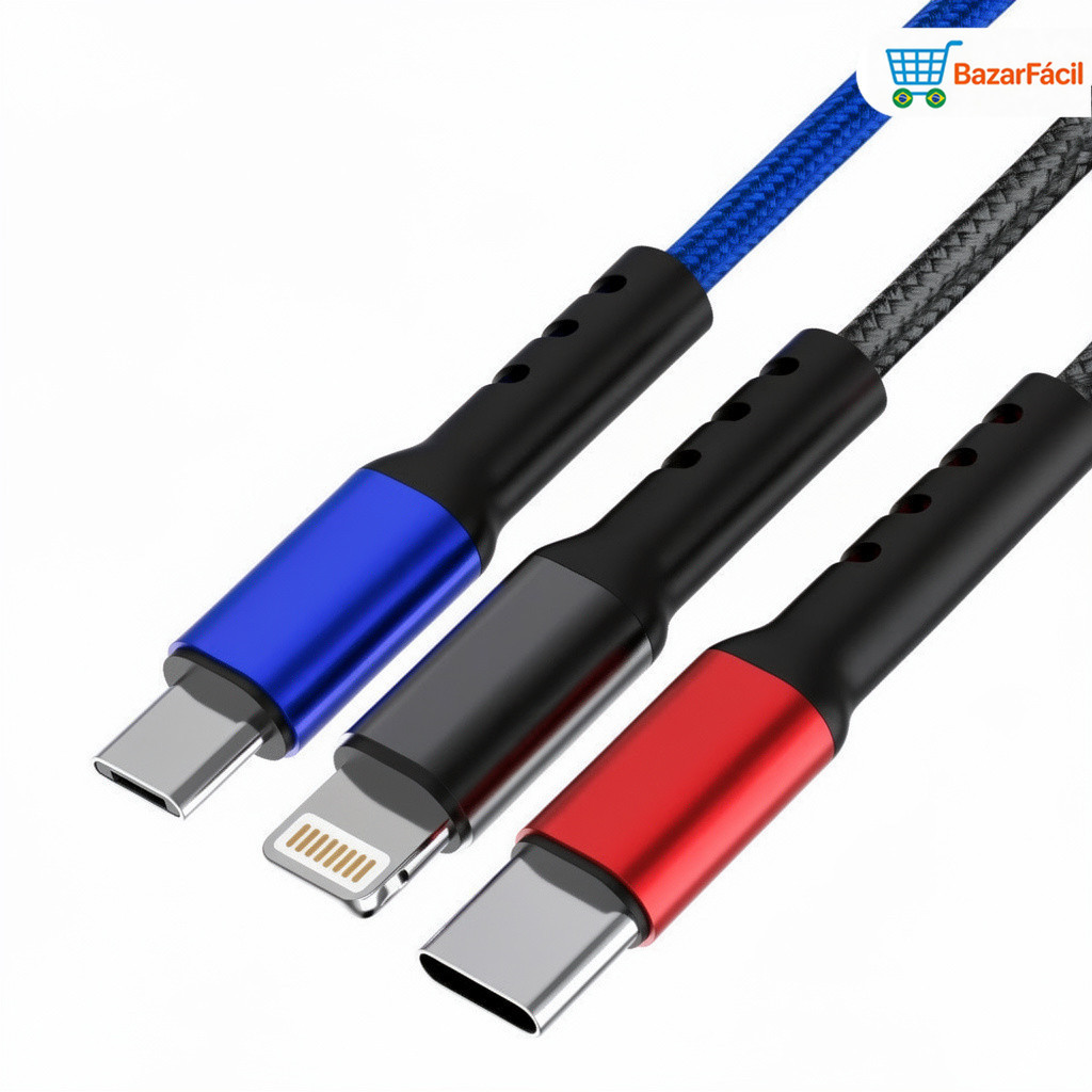 Cabo 3 em 1: Um Cabo para iPhone, Android e Todos os Dispositivos! Carregamento Rápido de Alta Velocidade！
