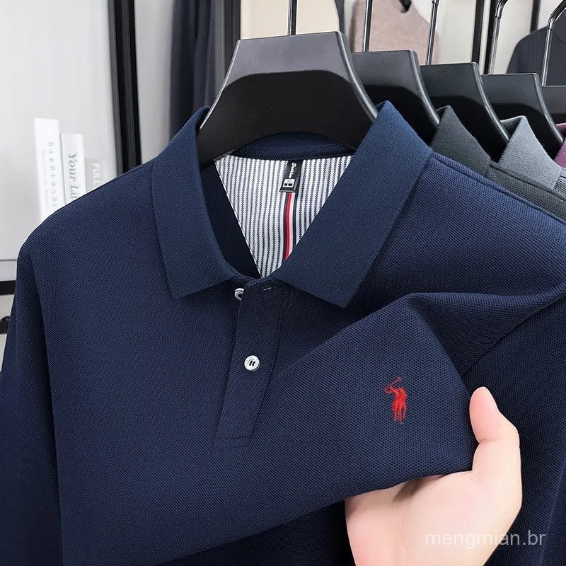 Camisa polo masculina de manga longa de marca de alta qualidade, 100% algodão puro, nova moda de outono, luxuosa, com bo
