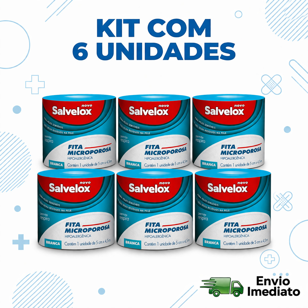 Kit 6 Unidades Fita Microporosa Salvelox 5cm x 4,5m Hipoalergênica Branca Curativo Fixação