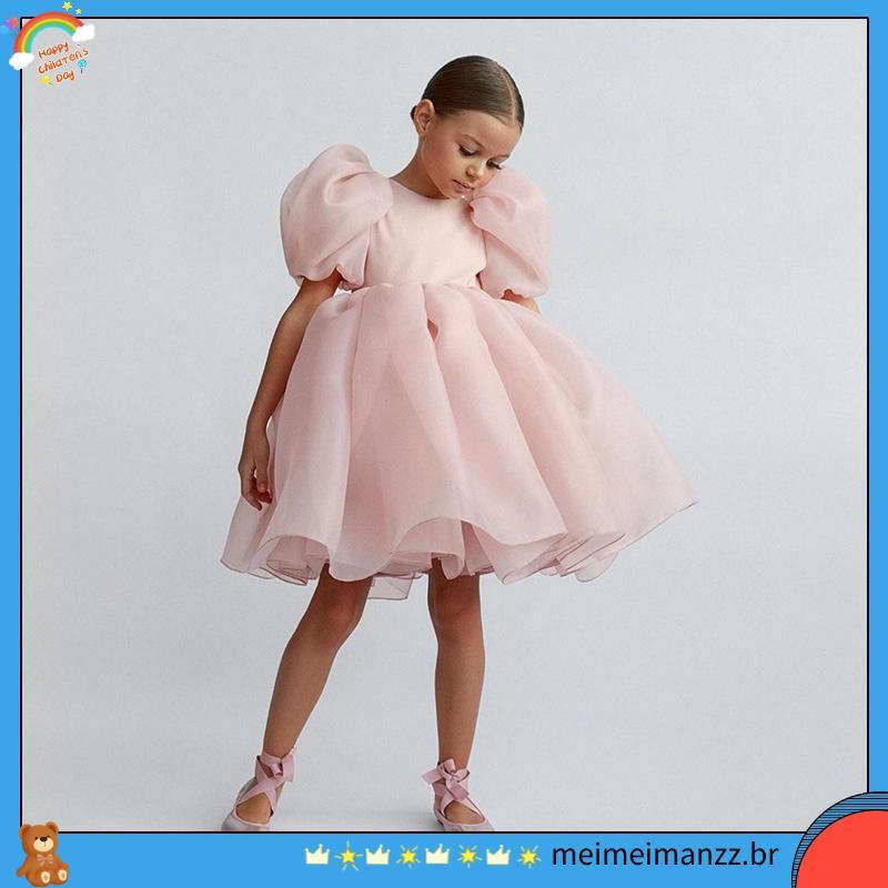 Vestido feminino novo vestido de manga bolha europeu e americano vestido de princesa vestido floral infantil saia de mal