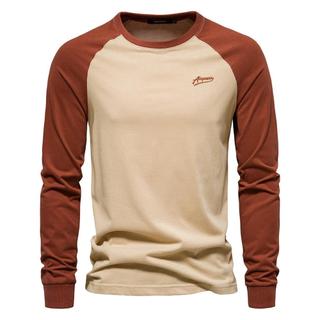 Retro manga Raglan masculina Casual puro algodão em torno do pescoço de manga comprida camiseta interna masculina camisa