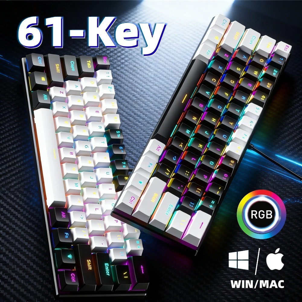 Teclado com fio 61 teclas RGB Backlight Mini cabo de alimentação plugável USB-C compacto Para Escritório