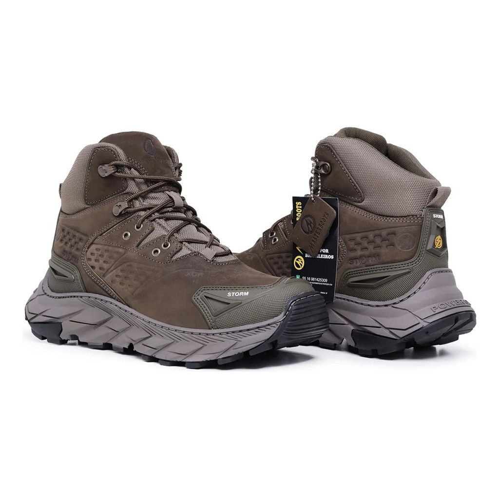 Tênis Masculino Couro Legítimo Cano Médio Adventure Tático Sola Costurada Palmilha Gel Confort Storm