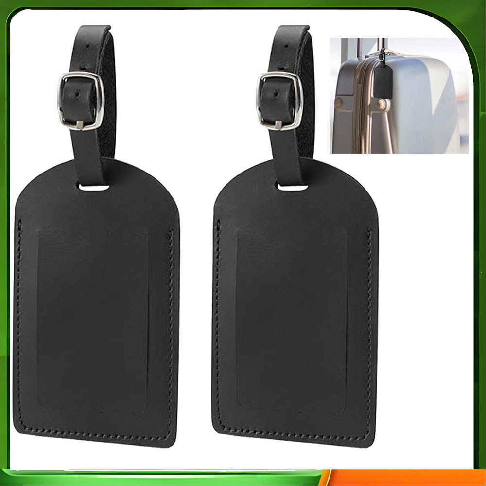 Conjunto de duas peças de etiqueta de bagagem de PU preta simples com cordão e cartão de informações