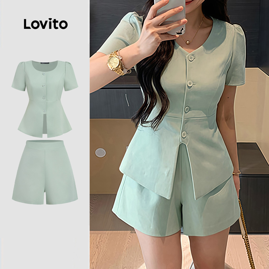 Lovito Elegantes Tops ou Calça para O Trajeto Primavera/verão Verde ou Calças para mulheres LK4ED868