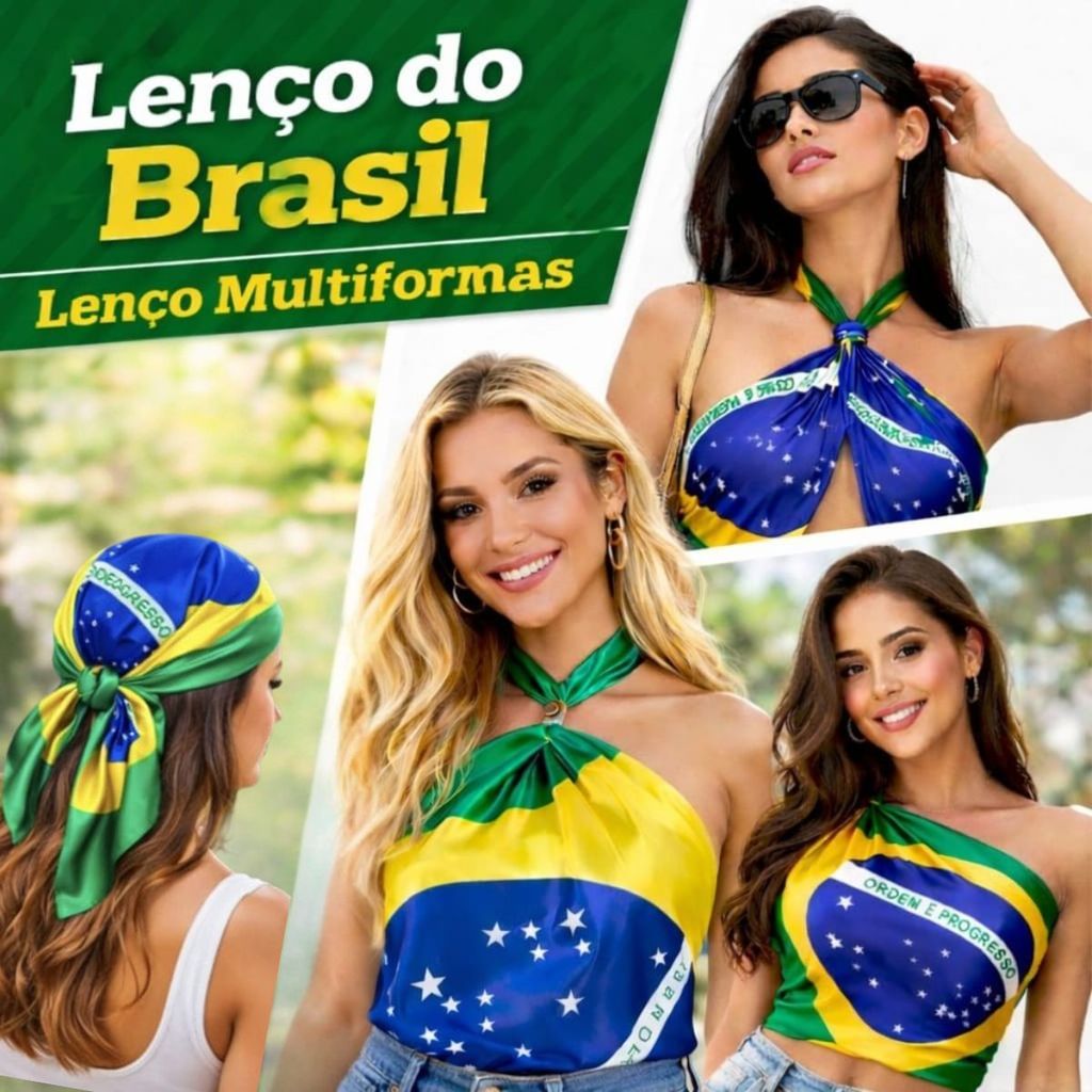 Bandana Lenço do Brasil de Cetim 90x90cm e 90x70cm Look Fashion Feminino Multiuso Bandeira Brasill