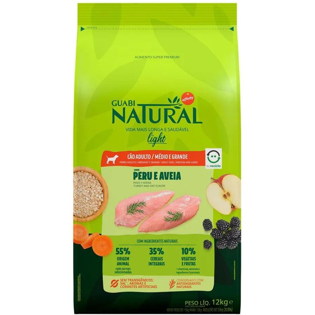 Ração Seca Guabi Natural Peru Aveia Cão Adulto MG Light 12kg