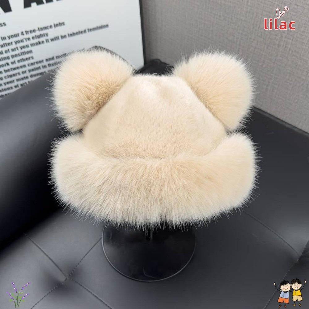 Chapéu De Pescador LILAC , Balde À Prova De Frio De Urso Fofo Mongol Quente Vento Com Pompom Outono E Inverno