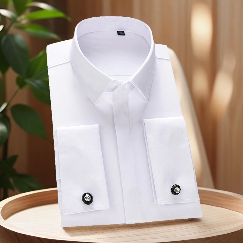 Camisa masculina com abotoaduras francesas, manga comprida, Slim fit, fibra de bambu, sedosa, respirável, roupa Formal d