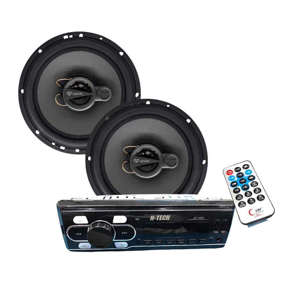 Kit Som Automotivo: Rádio BT 1 Din c/ Controle Remoto + Par de Alto Falantes 6" Pol Leson