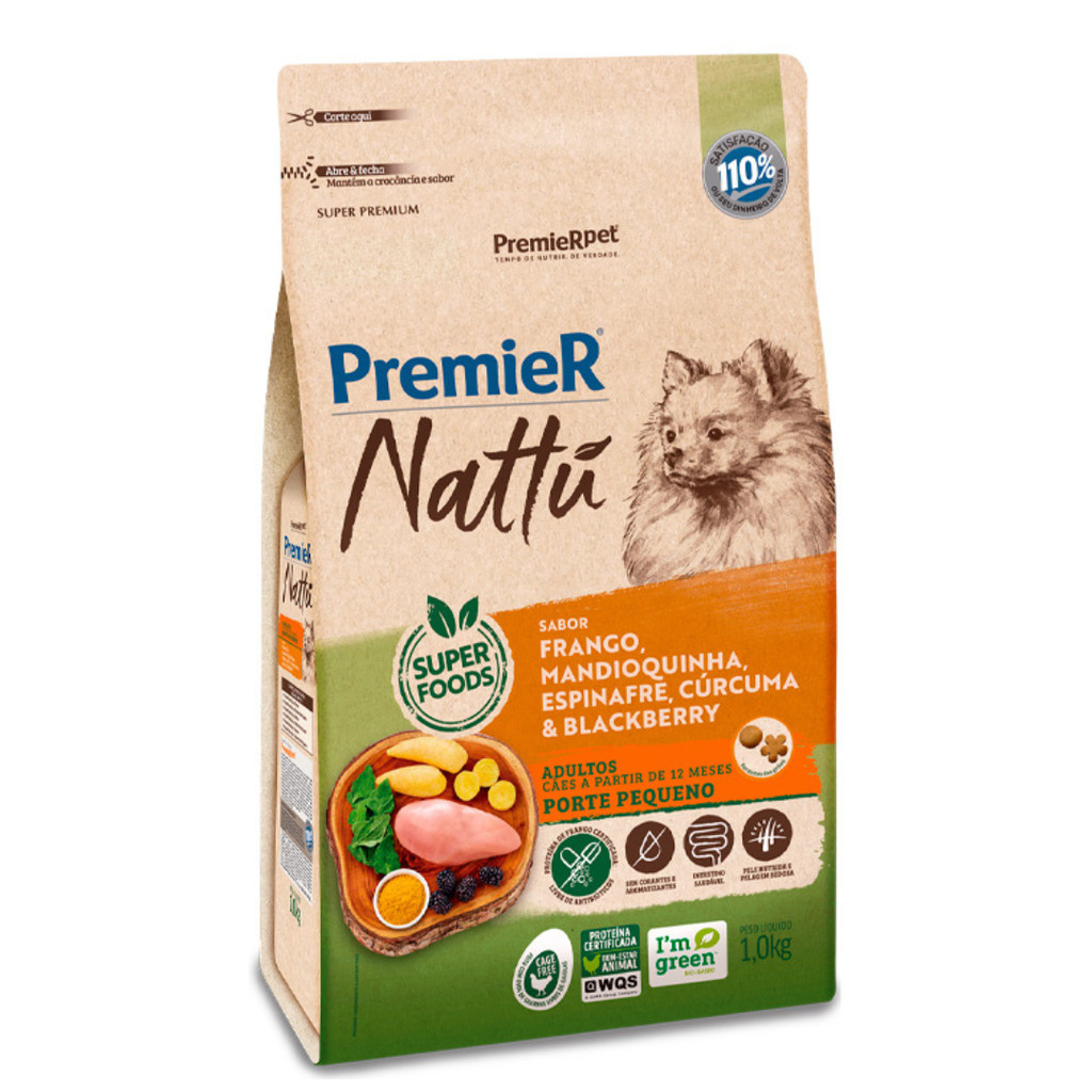 RAÇÃO PREMIER NATTU (AD-PP) FRANGO,MANDIOQUINHA,ESPINAFRE, CURCUMA & BLACKBERRY 1KG