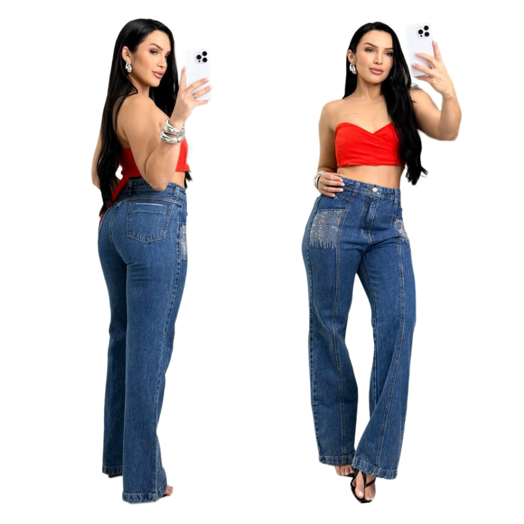 Calça Jeans Feminina Wide Leg com Brilho no Bolso – Cintura Alta, Boca Larga, Jeans Premium, Moderna, Estilo Blogueira