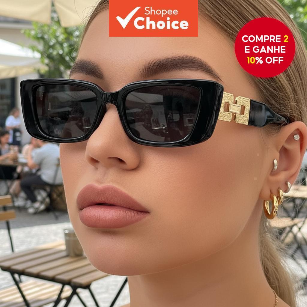 Óculos de sol femininos estilo olho de gato com armação pequena e corrente vazada. em Oferta na Shopee