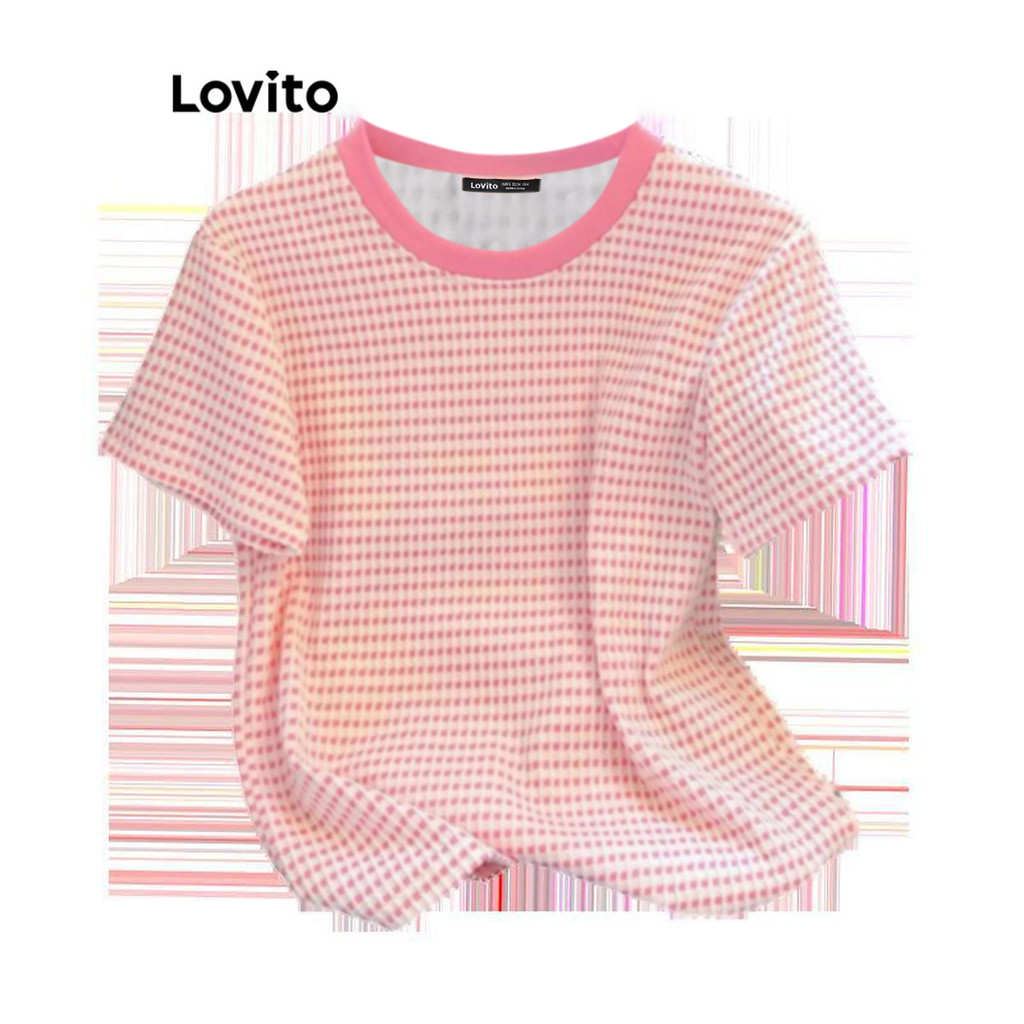Detalhes do Lovito Camiseta Casual Xadrez Colorblock Para Mulheres LNE70328