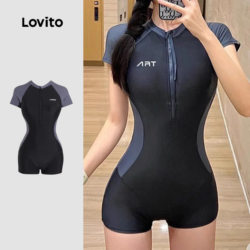 Lovito Maiô Onepiece Esportivo Colorblock Primavera/verão Preto Maiô Onepiece para Mulheres LNE126026 em Oferta na Shopee