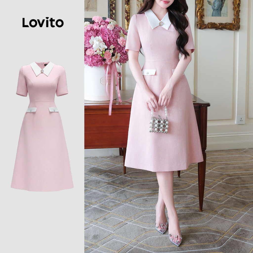 Lovito Vestido elegante Colorblock Zipper Commute Vestido rosa primavera/verão para mulheres LK3ED006 em Oferta na Shopee