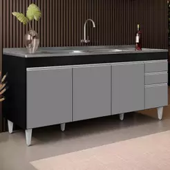 Balcão Gabinete com Pia 180cm Dallas Preto/Cinza - Lumil