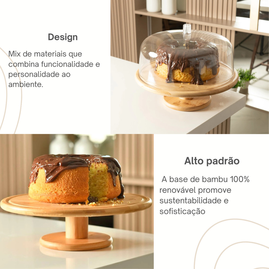 Boleira com Cúpula Pé Alta Tampa 27,5 cm Bambu Decoração Mesa Posta Porta Bolo Sense Ou · foto 2