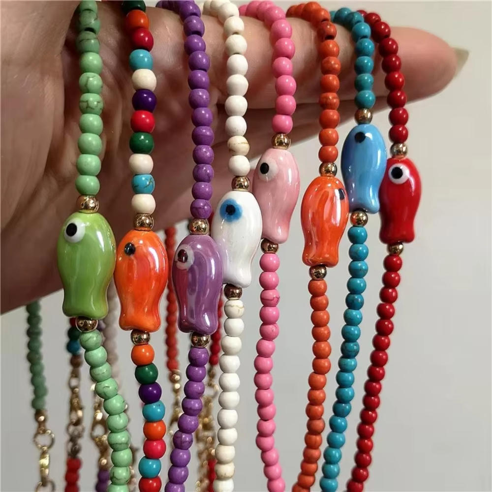 Colar De Peixe Com Contas Coloridas Fofas – Gargantilha Pingente De Cerâmica Kawaii , Perfeita Para Moda De Verão Y2K E